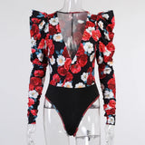 Spring Elegant Boho Print Bodysuits Rompers Women Jumpsuits Puff Sleeve Skinny Sexy V-neck Bodies Ladies Casual