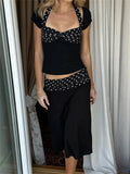 Black Polka Dot Patchwork Top And Midi Skirt Set- Outfit