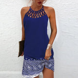 Mini Dress Women Fashion Printed Halter Hollow Out Sleeveless Dresses Elegant Boho Dress Female Beach Party Dress