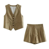 2025 Summer V-Neck Solid Color Single Breasted Vest High Waist Wide-Leg Pants Shorts Set