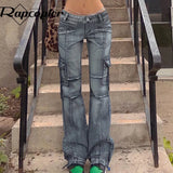 Vintage Jeans Low Waisted Pockets Trousers Baggy Casual Fashion Denim Cargo Pants Women Straight Hot Korean Jeans