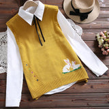 Student College Wind Sweater Vest Female Cartoon Pattern Embroidery Round Neck Sleeveless Irregular Sweater Vest