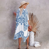 Blue Bohemian Print Dress Sexy Long Kimono Tunic Women Clothing Summer Beach Wear Solid Loose Maxi Dresses