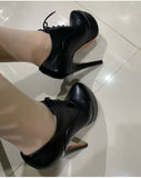 Onlymaker Women's Black Red Platform Ankle Boots High Heels Lace Up Patent leather Stiletto Sexy Lady Fashion Sexy