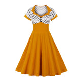 Casual 50s Vintage Women Dress 4XL Ladies Yellow Black Polka Dot Print Robe Rockabilly Swing Party