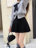 Bow Solid High Waist Pleated A-line Skirt- Outfit