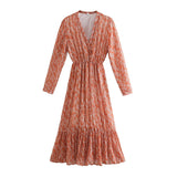 2021 spring floral printing midi dress pleated v-neck women dresses long sleeve elastic
