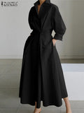 Elegant Women Autumn Sundress ZANZEA Fashion Lapel Neck Long Sleeve Solid Long Shirt Dress OL Vestidos Robe