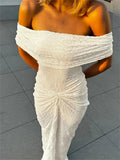 Knit Off-Shoulder Pleated Wrap Maxi Dress- Outfit