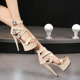 Zingj Model Rivet Pull Even Roman Sandals High Heel 15Cm Thin Heel Summer Waterproof