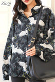 Sleeve Bf Red-crowned Crane Print Loose Shirts Harajuku Blouse Tops Women Vintage Chemise Femme High Street
