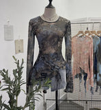 Irregular Tie With Lotus Leaf Side Tie Print Mesh Yarn Perspective Sunscreen Shirt T-Shirt T-Shirt Short T-Shirt