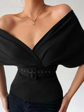 Batwing Sleeve Folds Tops Women Y2K Vintage Deep V Neck With Belt Sexy Korean Fashion Casual Chic Female Shirts