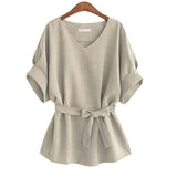 Plus Size Women Cotton Linen Blouse Shirts Casual V Neck Big Bow Summer Tops Ladies Short Sleeve Loose