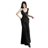 Summer New Women's Style Of French Temperament V Collar Bare Back Leaves Lace Splicing Slinging