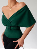 Batwing Sleeve Folds Tops Women Y2K Vintage Deep V Neck With Belt Sexy Korean Fashion Casual Chic Female Shirts