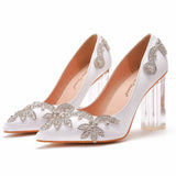 Cm Crystal Transparent Square Tip Single Shoe Bridal Shoes Silk Satin Cloth Diamond Skirt Shoes Wedding