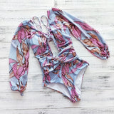 One Piece Swimsuit Female 2021 Long Sleeve Swimwear Women Plus Size Bathing Suit Print Bandage Summer Bathers
