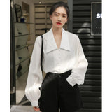 Winter Women Vintage Lantern Sleeve Shirt Blouses Single Breasted Blouse Female Loose Shirts