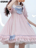 Japanese Sweet Girly Lolita Style Women Dress Fashion Cute Bow Puff Sleeve Cosplay Dresses Kawaii Girl Striped