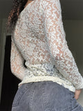 Women Fairy Grunge Vintage T-shirts Kawaii Lace Mesh See Through Crop Tops Y2K Aesthetic Long Sleeve White Tees