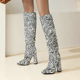 New Autumn Winter Zebra Print Women Boots Fashion Pleated Square High Heel Knee High Boots Ladies Slip On Pointed Toe