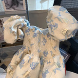 Women Blue Floral Print Holiday Princess Party Dress Elegant Ladies Puff Sleeve Square Neck Pleat Mini Dress Short
