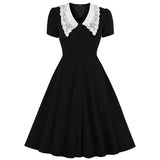 Summer Women Casual Swing A Line Cotton Dress Lace Peter Pan Collar Short Sleeve Pinup 50s 60s Vintage Rockabilly