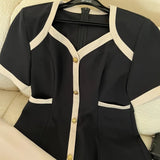 Summer Women's Sexy Elegant Casual Female Dress Short Sleeve V-Neck Contrasting Colors Back Zipper Clebrity Party