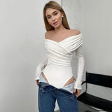 Zingj Women's Sexy Hot Girl Slim Top Solid Color Fashion V-Neck Splicing Long Sleeve