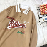 New Button Polo Collar Oversized Long Sleeve Women Hoodie Casual Harajuku Vintage Letter Print Sweatshirt Chic