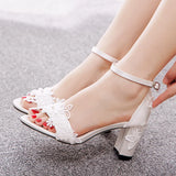 Cm White Lace Flower Nail Beads Bride Coarse Heel Sandals Shallow Word With Fish Mouth High Heel Square Roots