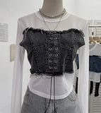 Vintage Babes Cowboy Spliced Tiring Strapped With Long Sleeves Short Mesh T-Shirt