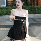 2024 Summer New Women's Clothing Match Stitching A Word-Collar Wrapped Chest Lotus Leaf Side Repair