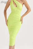 Quality Summer Bodycon Dress Women Party Dress 2023 Stretchy Mesh Blue One Shoulder Dress Elegant Sexy Club Night