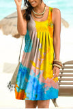 New Fashion O Neck Women's Mini Dress 2021 Casual Loose Tie Dye Print Sleeveless Folds Ladies Vest Beach Dress Plus