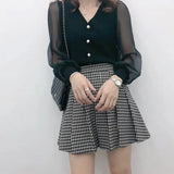 size Women's Spring Autumn Style Chiffon Blouses Shirt Women's Knitted Button Long Sleeve Solid Color Lace Patchwork
