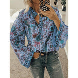 Women Print Blouses Casual Loose Tops Stand V Neck Long Sleeves Button Plus Size Pullover Female Tee Shirts