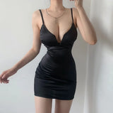 Summer Europe States Sexy Nightclub Big V-neck Solid Color Bottoming Strap Halter Dress Sexy Slim Mini Girl Female