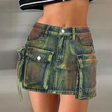 Zingj Girls Do Old Overalls Big Pocket Stitching High-Waisted Denim Skirt 2023 Summer Street Shoot New Short