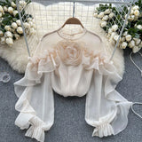 Zingj Sense Irregular Flounce Mesh Shirt Female Spring Autumn Sleeve Fold Small Slim Chic Jacket
