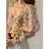 Women's Shirt Fairycore Harajuku Floral Top Female Puff Half Sleeve Elegant Chic Blouses Button Up Korean Fashion