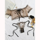 Brown Mesh Off-Shoulder Tie-Up Lingerie Set-Outfit
