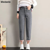 Jeans for Women Velvet Thick Warm Denim Pants High Waist Fleece Mom Jeans Vintage Wide Leg Ankle-Length Harem Denim