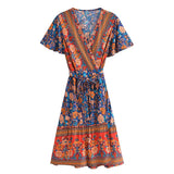 Queens Women Floral Print V-neck Rayon Cotton Vacation Bohemian Mini Dress Ladies Short Sleeve Boho Dresses