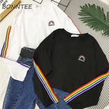 Rainbow Striped Kawaii Long Sleeve Soft Loose Embroidery Korean Style Women Tee Lovely Fashion Womens T-shirt