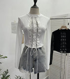 Real Shoot Spice Girls Strap Spliced Pu Skin Repair Slim Semi-High Collar Long Sleeve Top Short T-Shirt