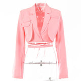 Gray Double Layer Bandage Slim Blazer Women Long Sleeve Pocket Short Jacket Female Notched Collar Outwear Tops 2021