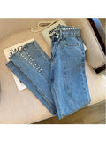 Summer New Women's Denim Pants Fashion High Waisted Pearls Beaded Split Trousers Sexy Slim Y2k Stretch Trumpet Jeans