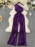American Retro Sequin Jumpsuit Diagonal Collar Solid Long Wide Legs Pants Romper Elegant Backless Sexy Party